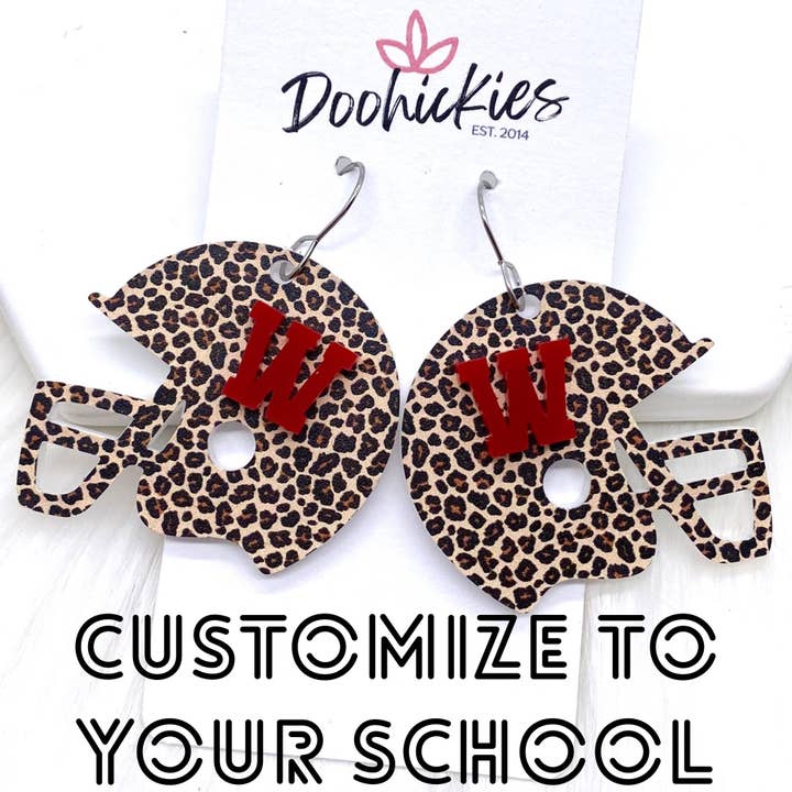 1.5" Varsity Letter Leopard Helmets (Comment w/Letters) - Sports Earrings for wholesale by Doohickies