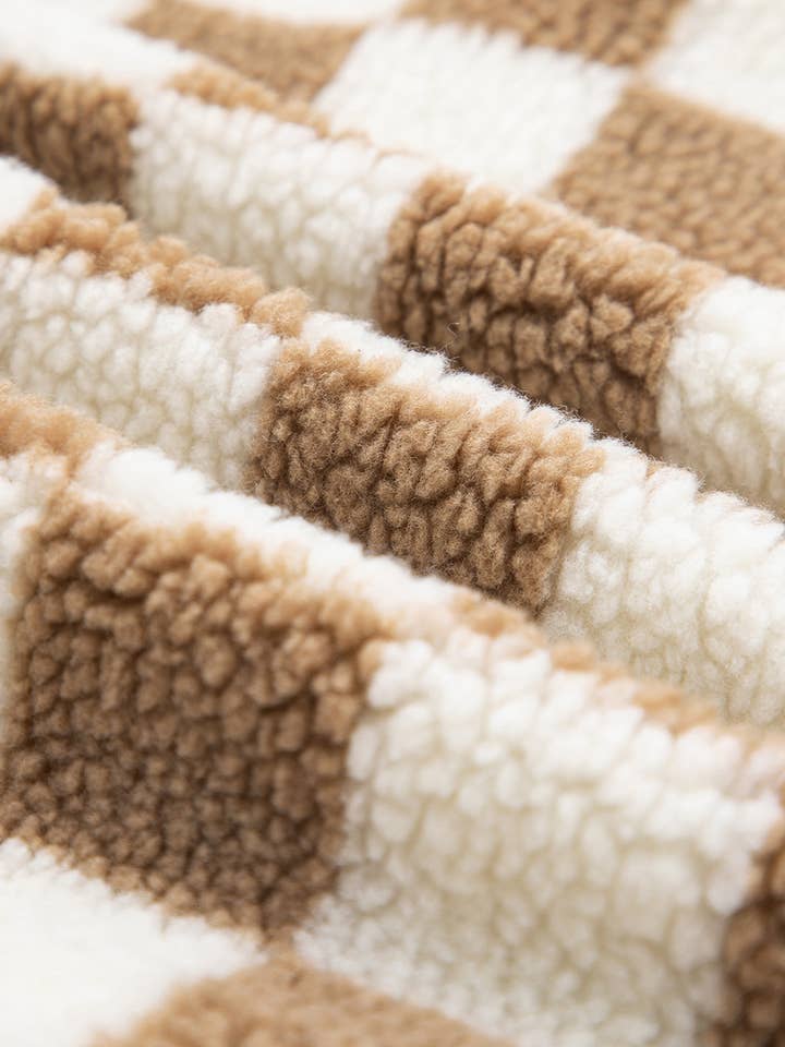 Brown Checkered Sherpa Buttoned Front Chunky Jacket for wholesale on Faire8