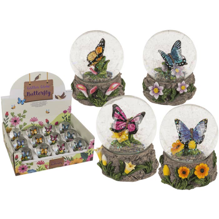 Polyresin-Glitzerkugel mit Schmetterling auf Sockel für den Großhandel von Out of the blue KG