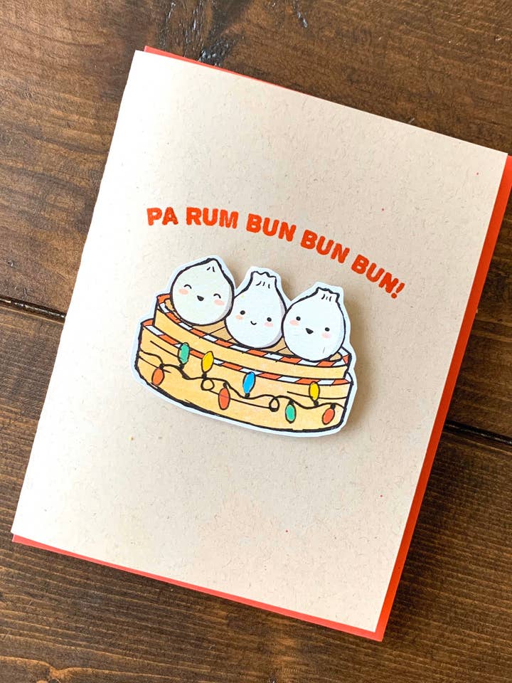 Carte de Noël Dim Sum Bun — Carte de Noël A2 faite main Bao XLB pour la vente par Papermain