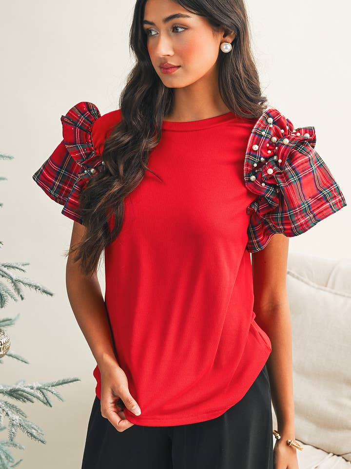 LDC Plaid Pearl Ruffle Short Sleeve Loose T Shirt | S-4X for wholesale by Little Daisy Closet