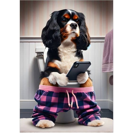 Tri Colour King Charles Cavalier Spaniel Sitting On Toilet for wholesale by Parksmoonprints