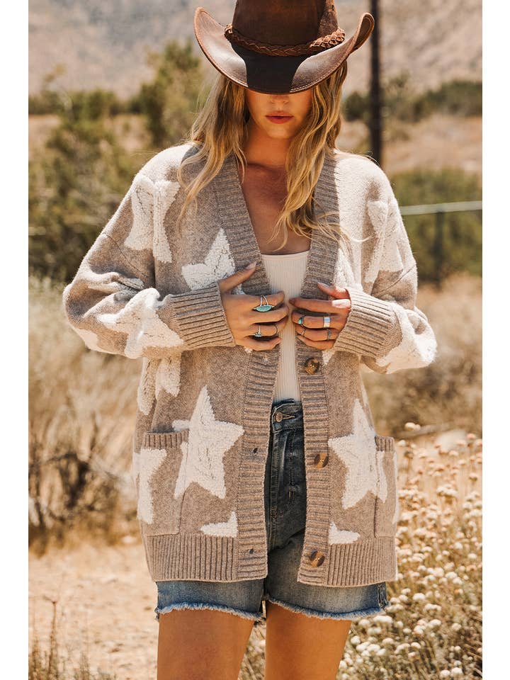 fashionworks - Wholesale Cardigan - Women's - Fashion-W Sherpa Star Textured Sweater Cardigan with Pockets