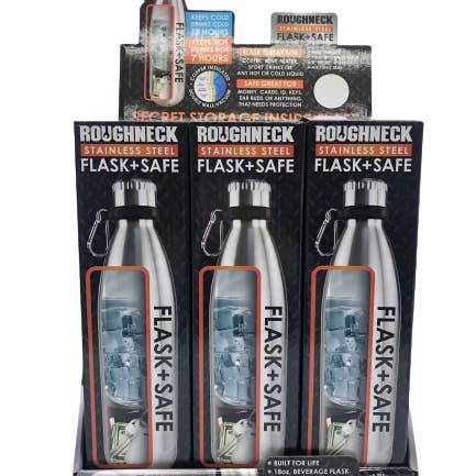 Novelty Brands - Wholesale Flask - Roughneck 18 oz Stainless-Steel Flask and Safe- 6/Display4