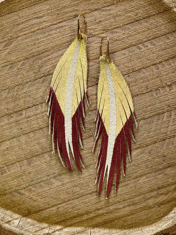 Short Feather Leather Earrings - Gold/Autumn Red for wholesale by The Supply Society