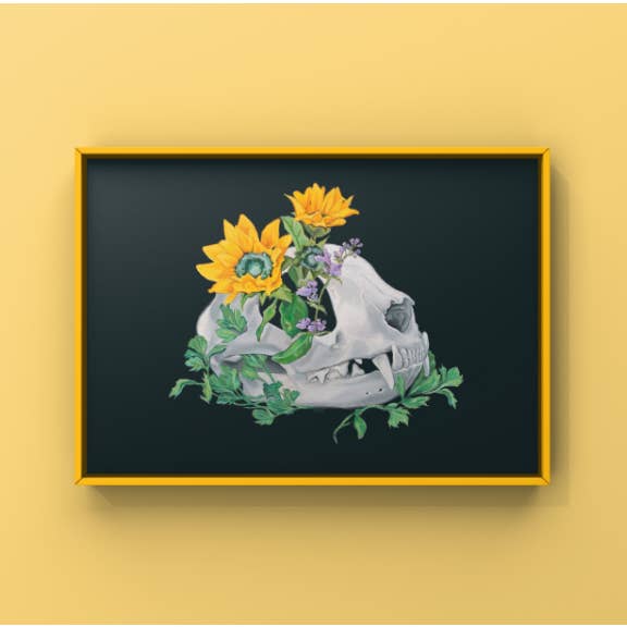 Dark Gray Tivali Cat Skull Floral Art Print for wholesale on Faire