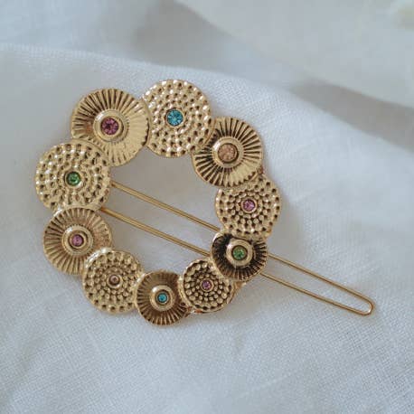 Anaïs round gold hair clip with colored rhinestones for wholesale by Bohomane