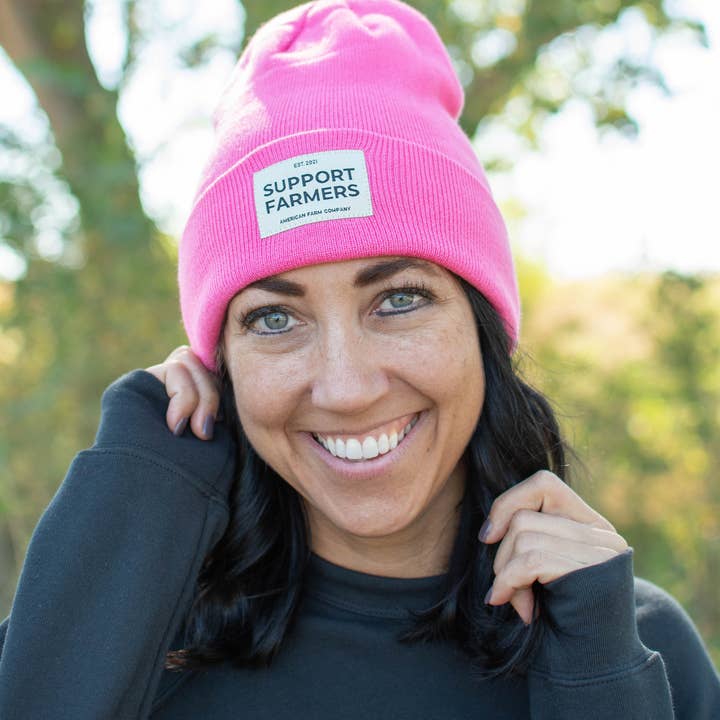 Hot Pink ‘Support Farmers’ Beanie for wholesale on Faire1