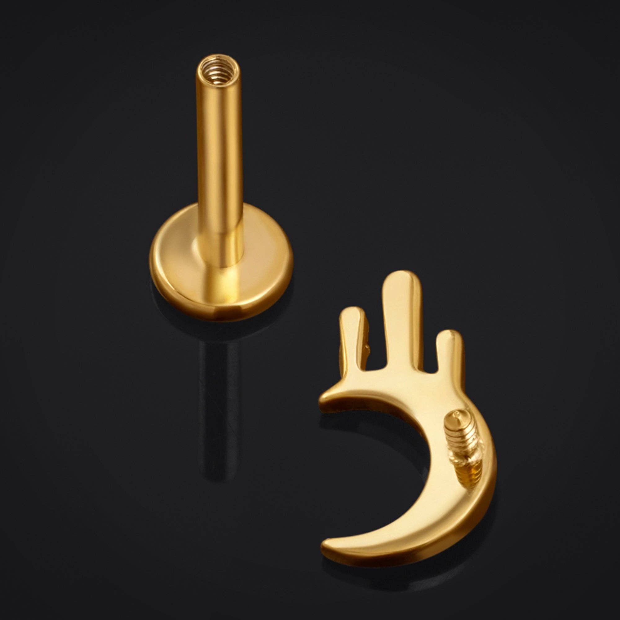 Custom Plugs - Wholesale Single Earring - Gold Drippy Moon Internally Threaded Titanium Labret Stud 1.2mm Gauge1