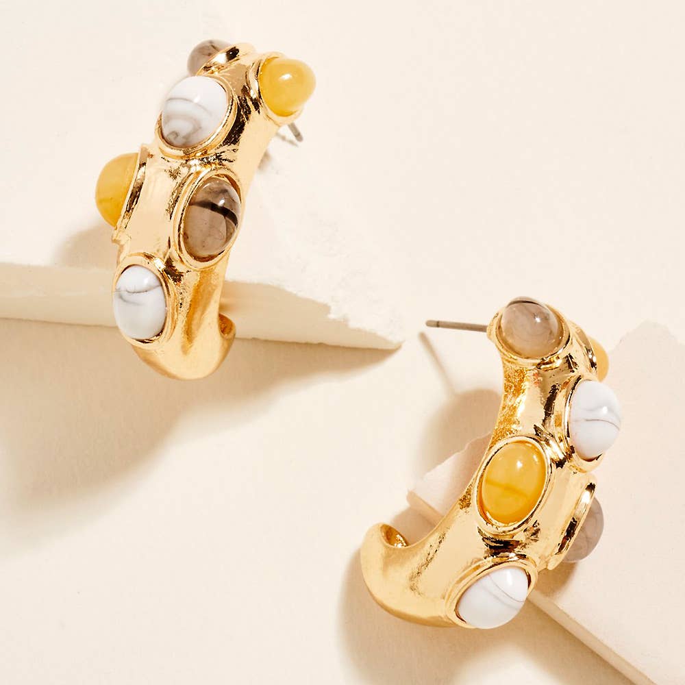 Sensibling Corp. - Wholesale Hoop Earrings - Oval Stone Embellished Chunky Hoop Earrings0