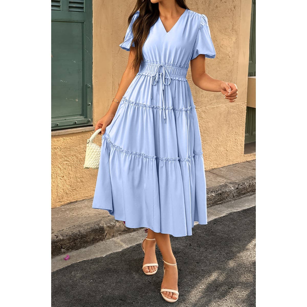 Supreme Fashion – wholesale Dress – Women's – Solid V Neck Puff Sleeve Elastic Waist Dress1