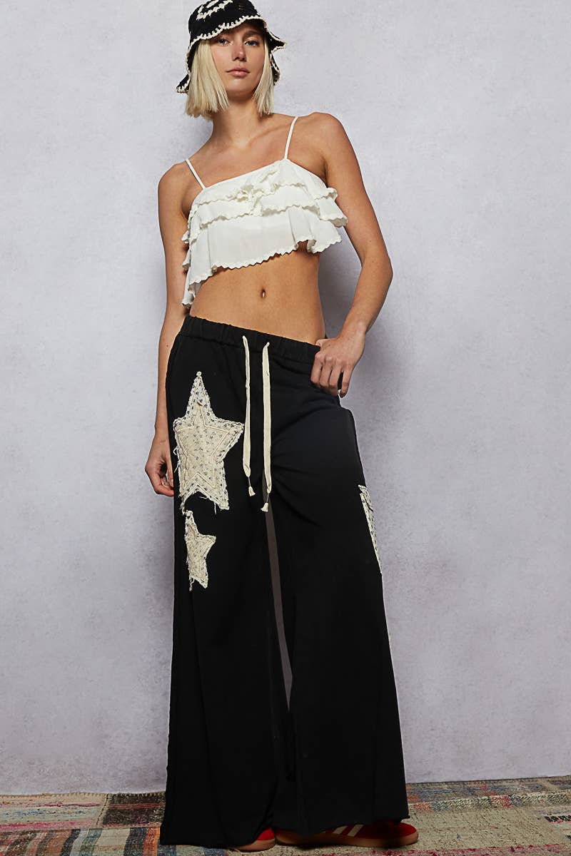 Pol Clothing - Wholesale Pants - Women's - French Terry Vintage Washing Star Patch Casual Wide Pants4