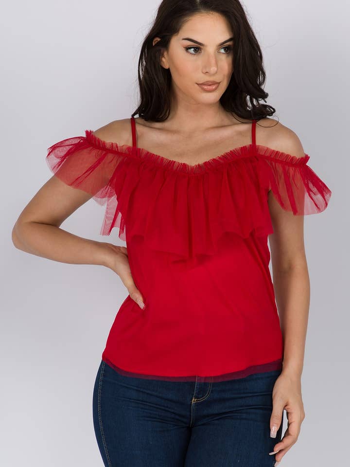 IT1578 Top van mesh met ruches op de schouder voor wholesale door KIWI