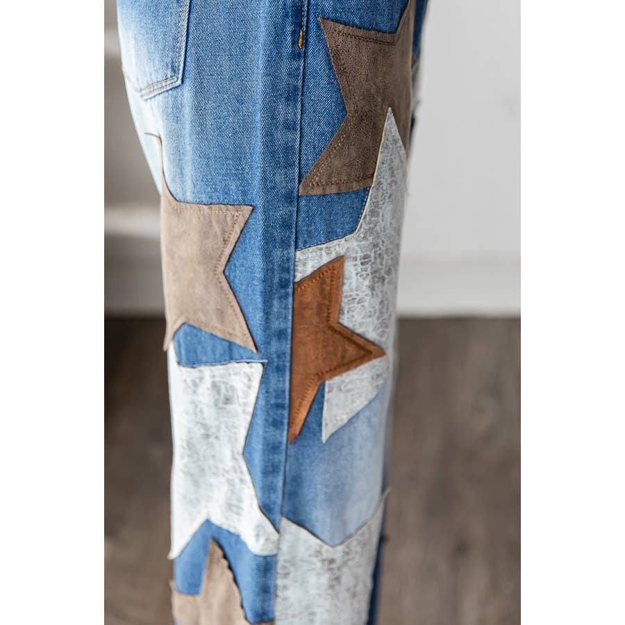 DENIM JEAN EN CUIR PU LAVÉ AVEC ÉTOILE PATCHÉE en vente sur Faire5
