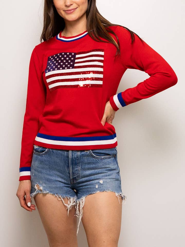 Fancy Flag USA Thin Knit Sweater Red for wholesale by Sparkle City