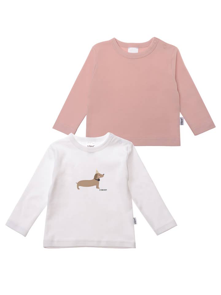 Confezione da 2 maglie a maniche lunghe in bianco e rosa con stampa "bassotto" per la vendita all'ingrosso da parte di Liliput