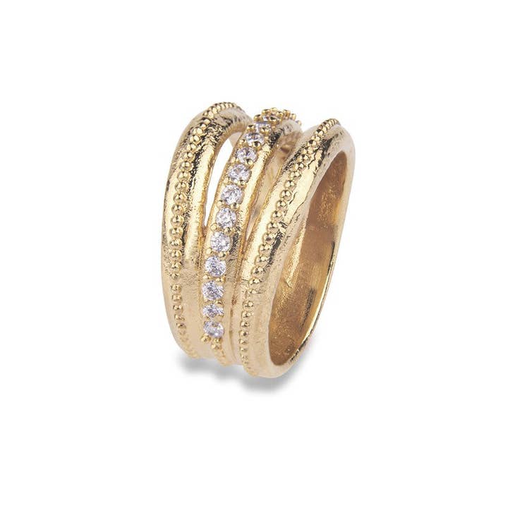 PLATADEPALO - Wholesale Multi-Stone Ring - Gold-plated bronze ring with white cubic zirconia.1