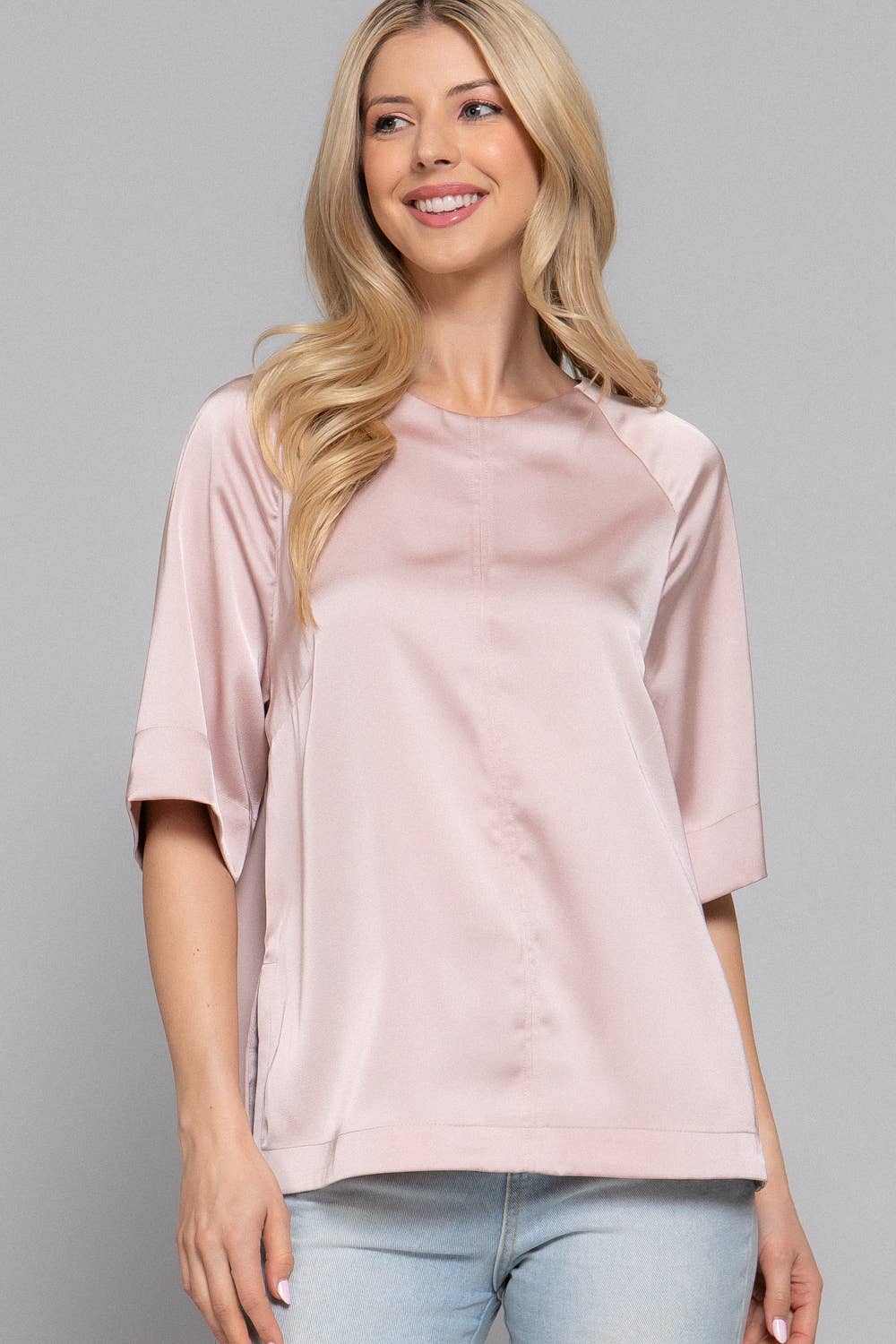 Active Basic | Active USA - Wholesale Blouse - Women's - Raglan Elbow Sleeve Side Slit Back Closure Satin Blouse12
