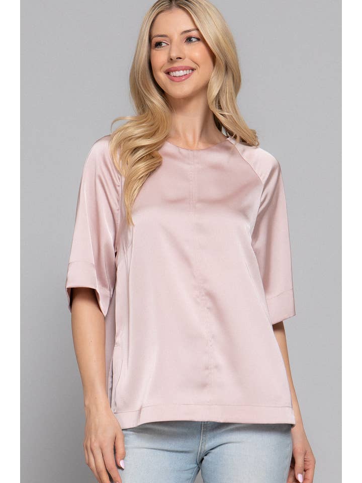 Active Basic | Active USA - Wholesale Blouse – Women’s - Raglan Elbow Sleeve Side Slit Back Closure Satin Blouse12