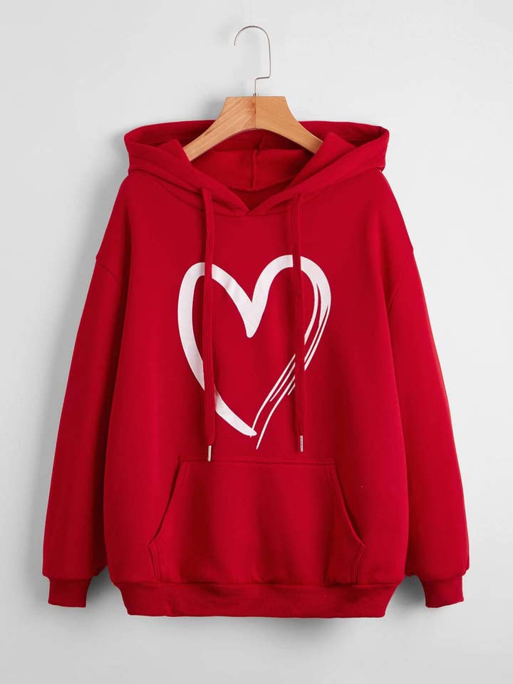Flarix - Wholesale Blouse - Women's - heart print kangaroo pocket drawstring hoodie