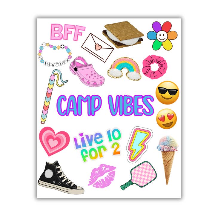 Camp Vibes Sticker sheet sleepaway camp, summer camp for wholesale by Custom by DOA
