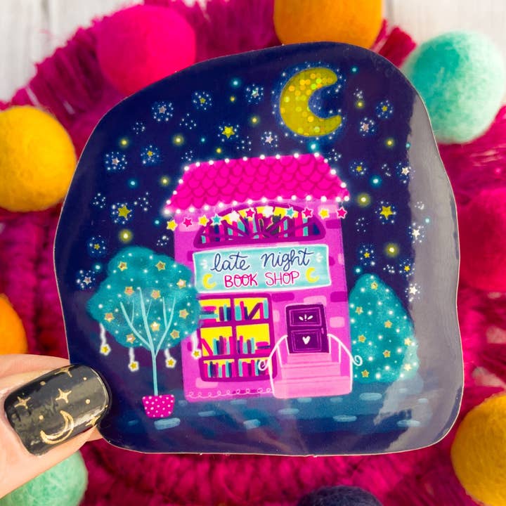 Emily Cromwell Designs - Wholesale Sticker - Late Night Bookshop Glitter Vinyl Sticker0