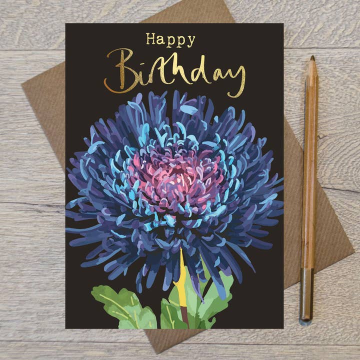 IB 03 - Happy Birthday Blue Chrysanthemum Greeting Card for wholesale by Sarah Kelleher