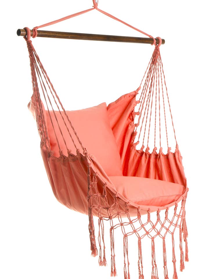 Coral Pink Macrame Hammock Hanging Chair + 2 Pillows Set for wholesale by Limbo Imports Hammocks