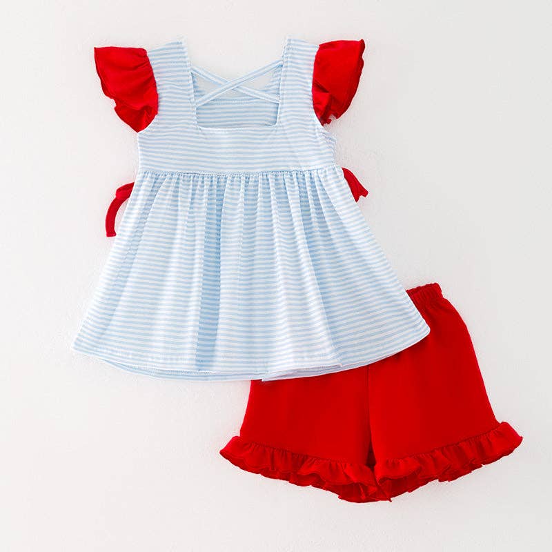 Auraquise - Vente Ensemble haut et short – enfant - Ensemble court brodé smocké avec nœud drapeau du 4 juillet pour filles1