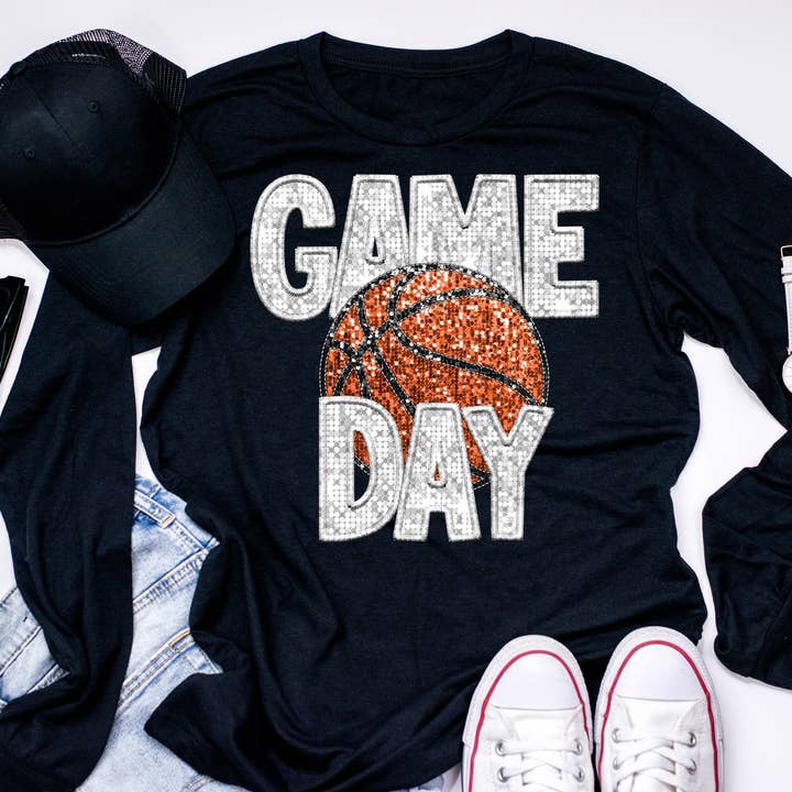 Game Day Basketball Faux Sequins Glitter Long Sleeve for wholesale by MidWest Tees