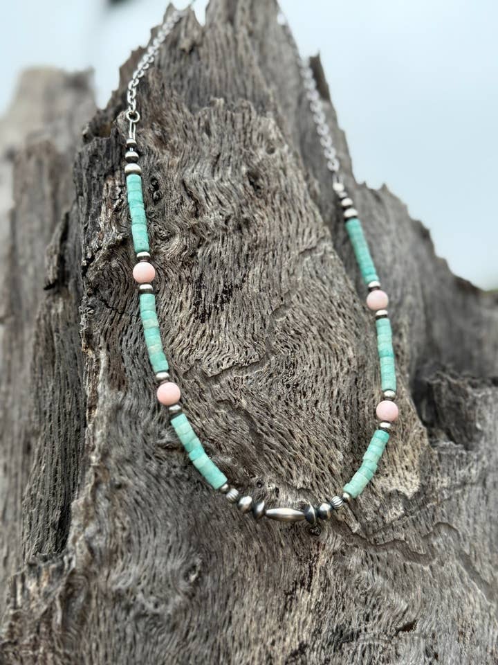 Turquoise And Blush Beaded Necklace for wholesale by Wild Junkie