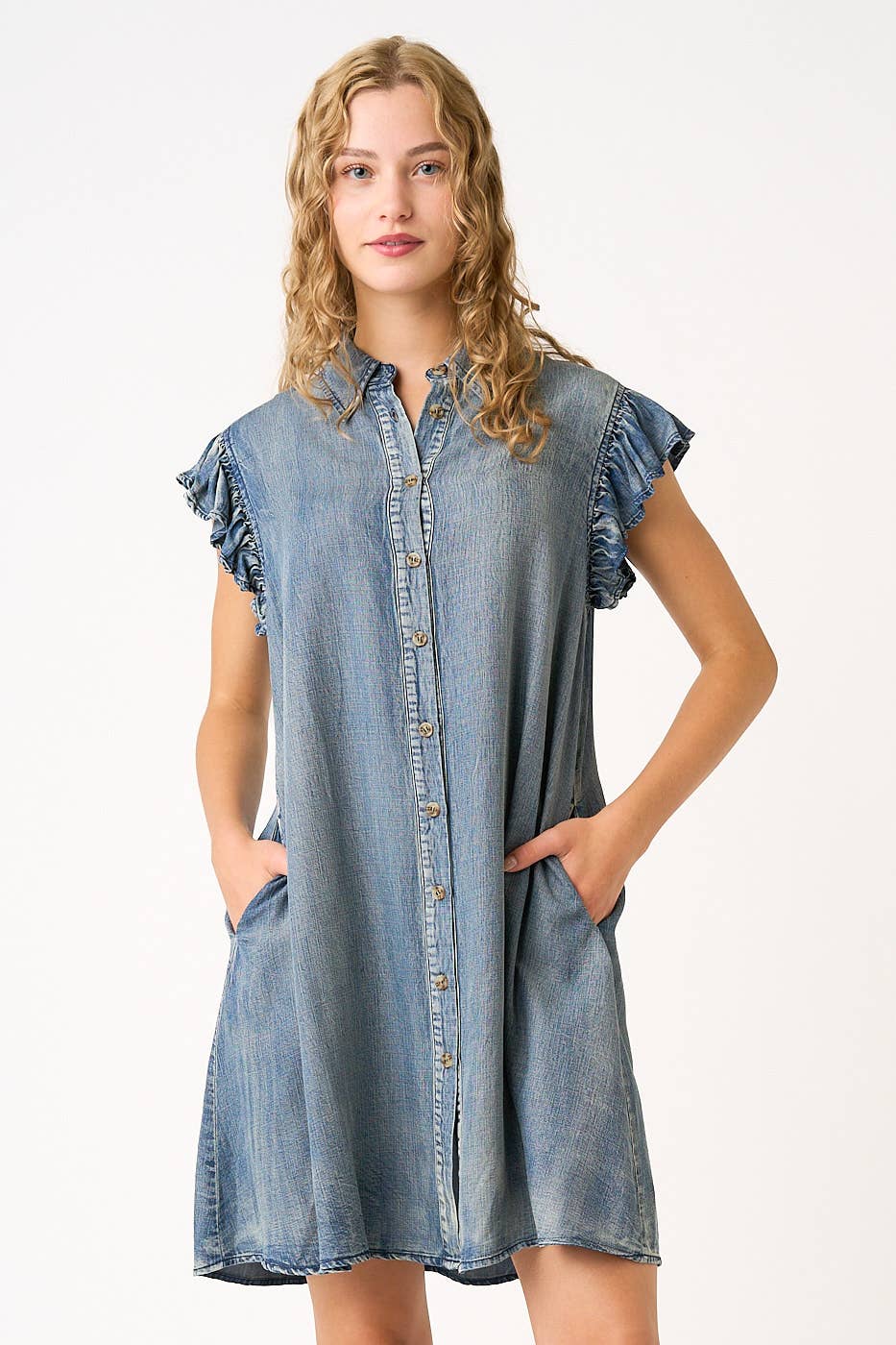 mittoshop - Wholesale Dress - Women's - WASHED CHAMBRAY RUFFLE SLEEVE BUTTONED MINI DRESS5