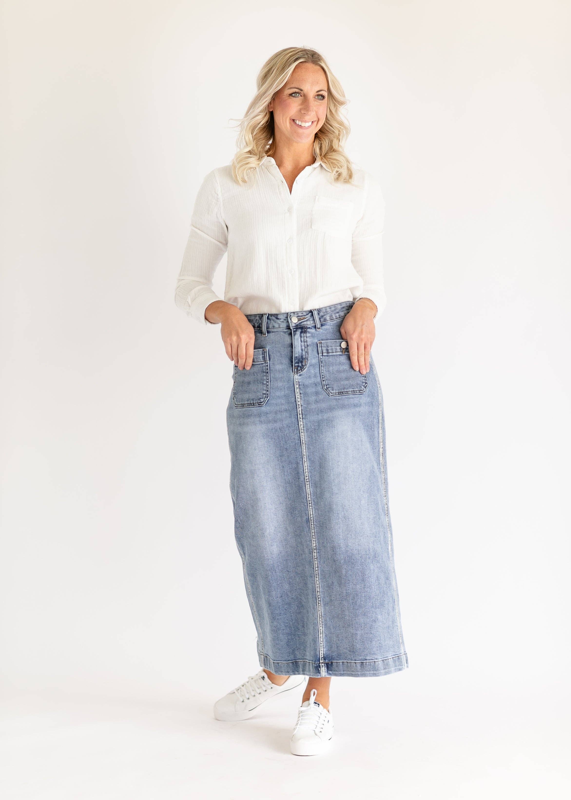 Inherit Clothing Company – wholesale Kjol - Dam – Elin Främre Ficka Maxi Jeanskjol2