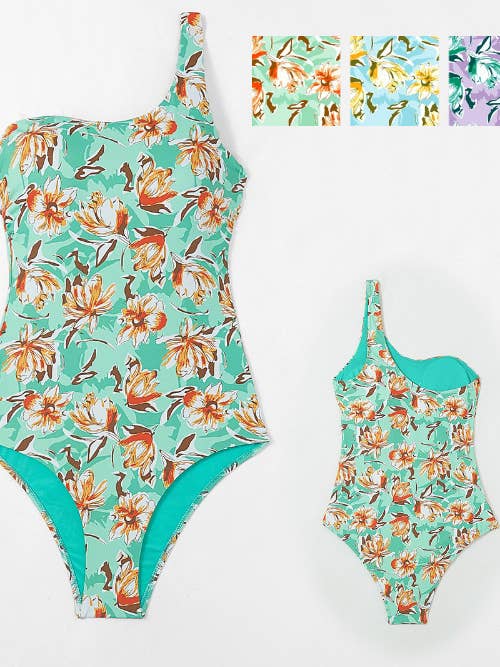 Einteiliger Damen-Badeanzug mit Blumendruck und Ein-Schulter-Design für den Großhandel von Marine