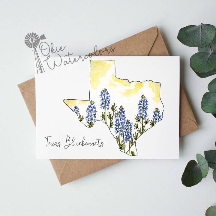 Texas Bluebonnet Watercolor State Silhouette Greeting Card, State Native Wildflower Of Texas, Bluebonnet Texan Art Card for wholesale by Okie Watercolors