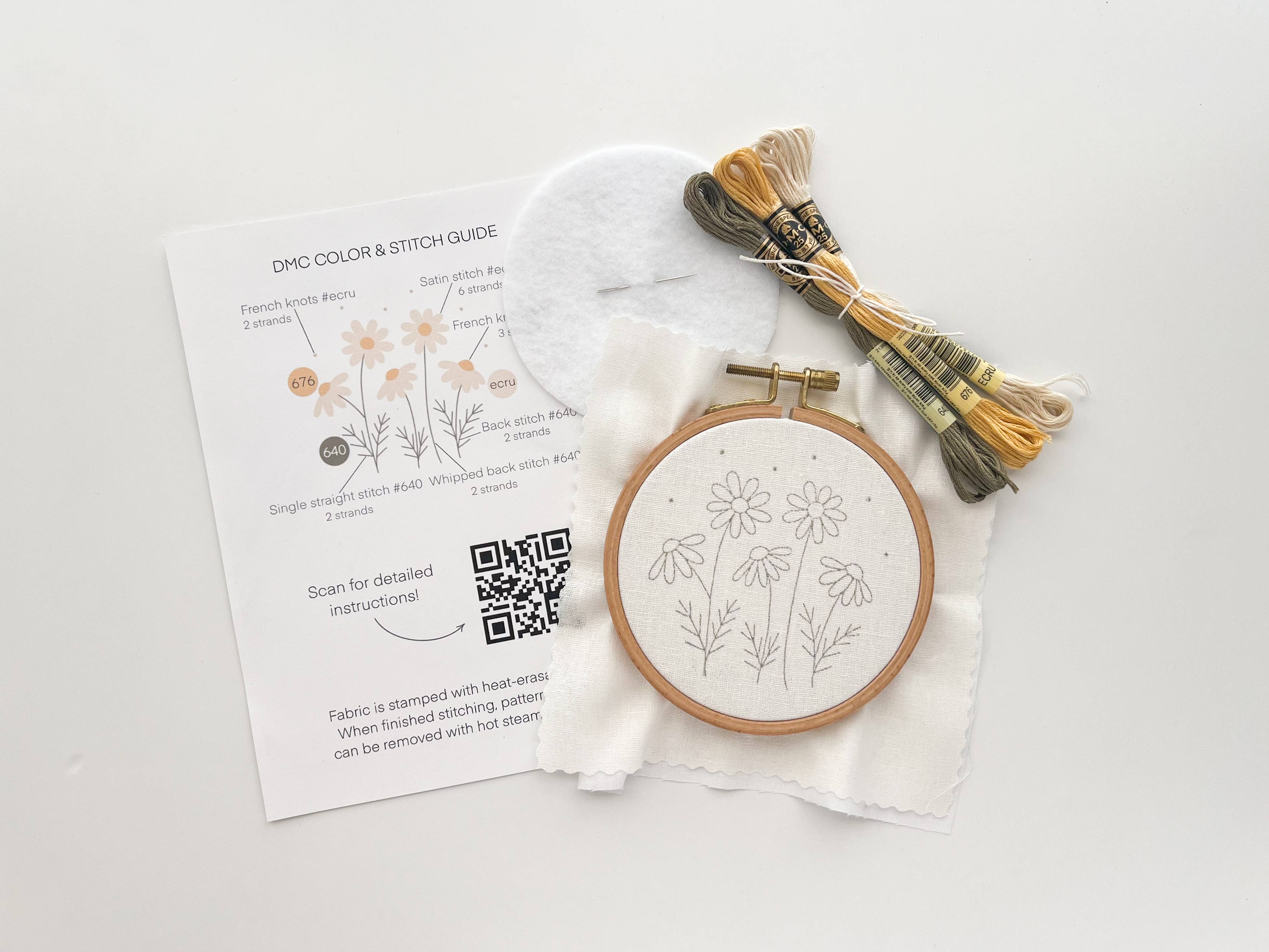 Matryoshka Doll Shop - Wholesale Embroidery/Cross Stitch Supplies - Daisies Embroidery Kit, 4” beginner embroidery craft kit1