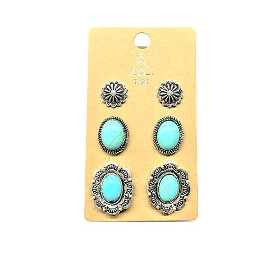Snowing West - Wholesale Jewelry Set - Western 3 Pair Turquoise Earring Set