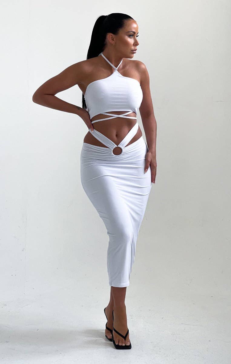 Femme Luxe – wholesale Top & skirt set – Women's – White Strappy Halter Neck Ring Detail Skirt Co-ord - Monika1