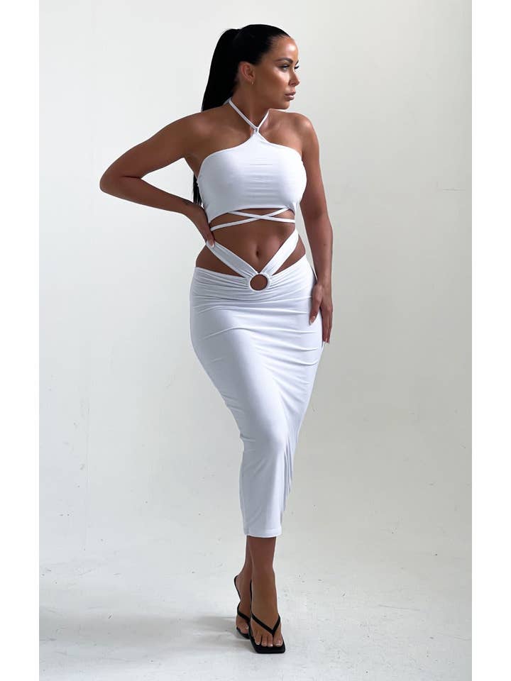 Femme Luxe – wholesale Top & skirt set – Women's – White Strappy Halter Neck Ring Detail Skirt Co-ord - Monika1