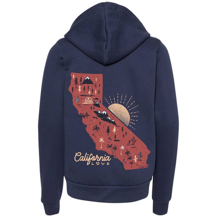 Map California Love Youth Zip Up Hoodie for wholesale by State Bliss