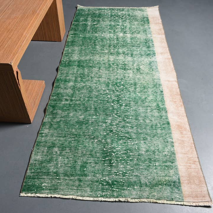 Håndlavet grønt patchworktæppe, moderne 3,4x7,9 ft for engroshandel hos Vintage Rugs Loom