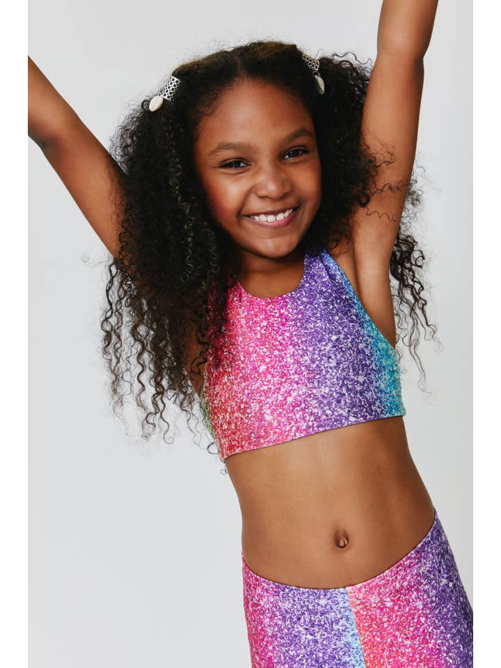 Kids Sports Bra in Rainbow Glitter Foil for wholesale on Faire