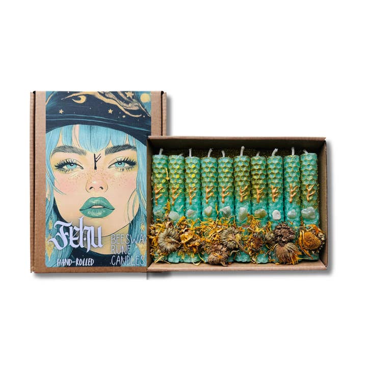 Phoenix Candle Company - Wholesale Tapered Candle/Candlestick - Luxury Beeswax Rune Candles with Herbs & Glitter - Box of 10