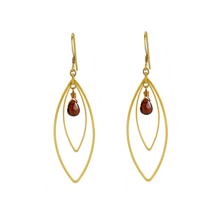 Red Garnet Teardrop Stone Double Marquise Golden Earrings for wholesale by Edgy Petal Jewelry