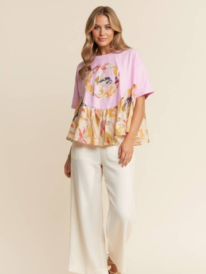 Floral Print Contrast PEACE Logo Flowy Top for wholesale by J.NNA