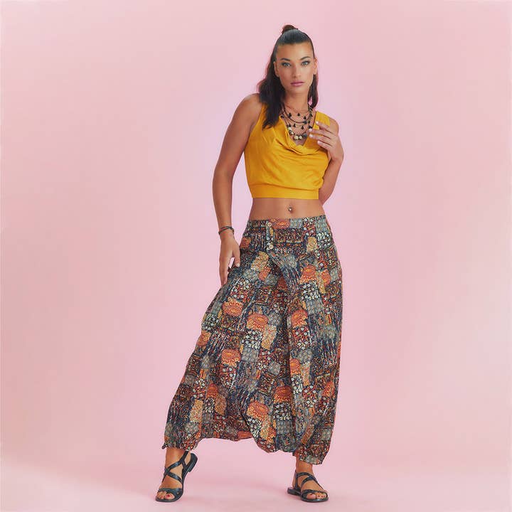 Pantaloni harem avvolti con orlo regolabile con stampa cachi per la vendita all'ingrosso da parte di Los Banditos