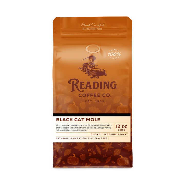 Black Cat Mole Fall Season Halloween Flavored Coffee for wholesale by Reading Coffee Company