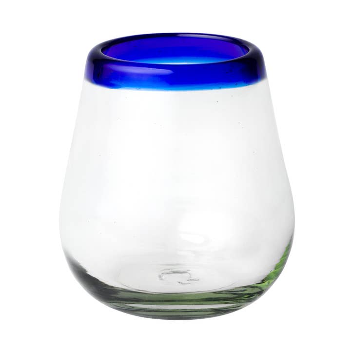 Cobalt Rim Stemless Wine Handblown Mexican Glass for wholesale by 10 Strawberry Street