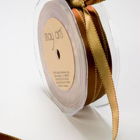 May Arts Ribbon - Wholesale Ribbon - Gift Wrapping - 3/8" Woven Double Face Satin Reversible Ribbon, Brown/Gold