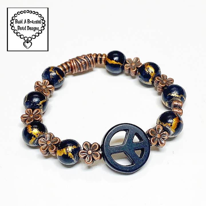 Black & Copper Flower Peace ☮️ Sign Bracelet for wholesale by Build A Bracelet Bead Designs